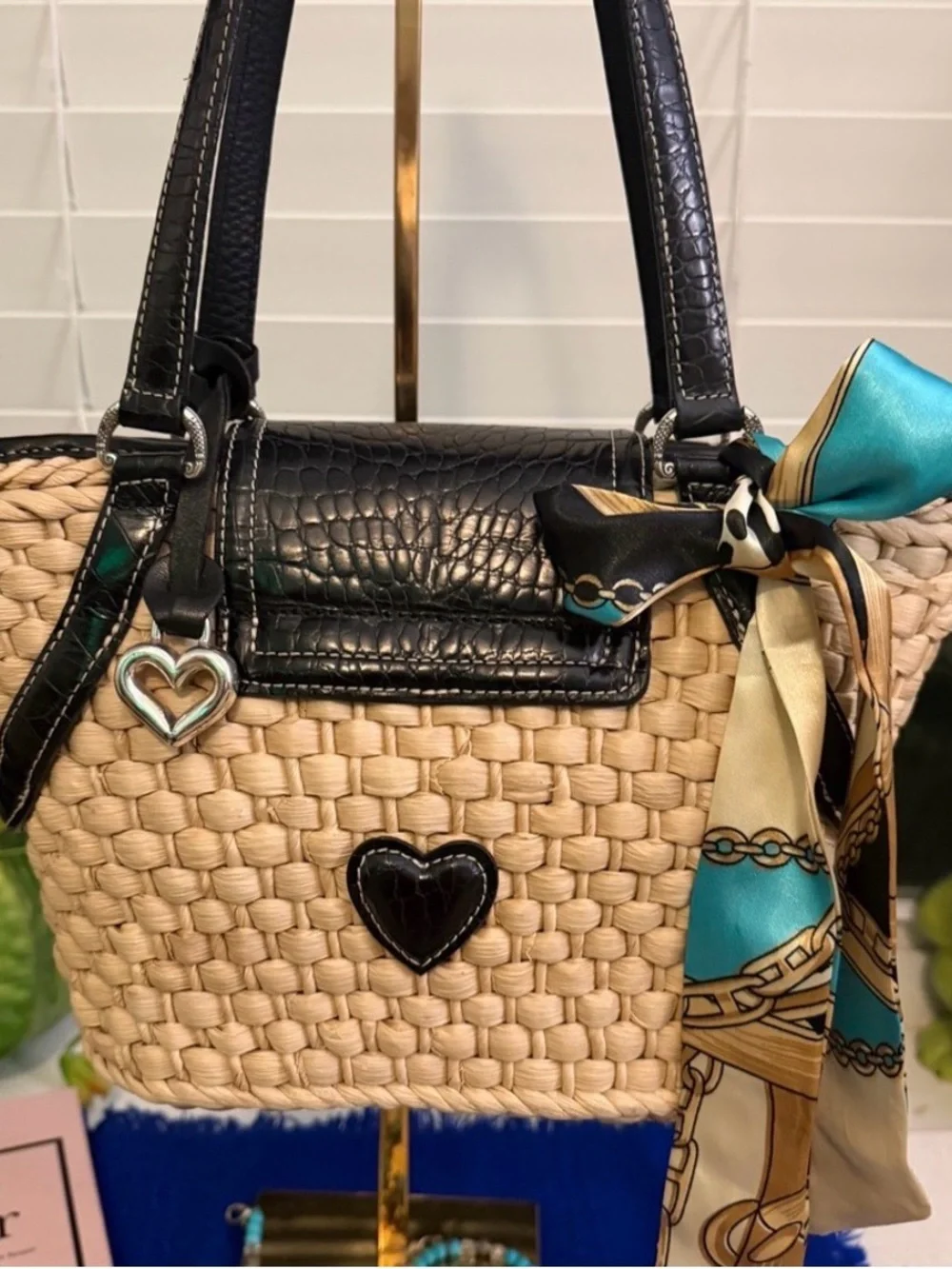 Brighton brand Woven Shoulder Tote with Black Trim and Heart Charm - Picture 2 of 15